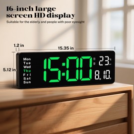 Brauthon Digital Clock Large Display, 16" Digital Wall Clocks for Classroom with Remote Control, Date, Week, Alarm, Temperature, Night Light for Living Room, Bedroom, Gym, Office(Green)