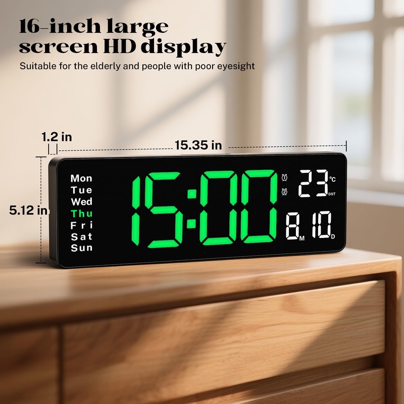 Brauthon Digital Clock Large Display, 16" Digital Wall Clocks for