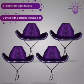 Party Glowz PURPLE SEQUIN Light Up LED Flashing Cowboy Hat with SEQUINs WHITE LEDS, Cowgirl