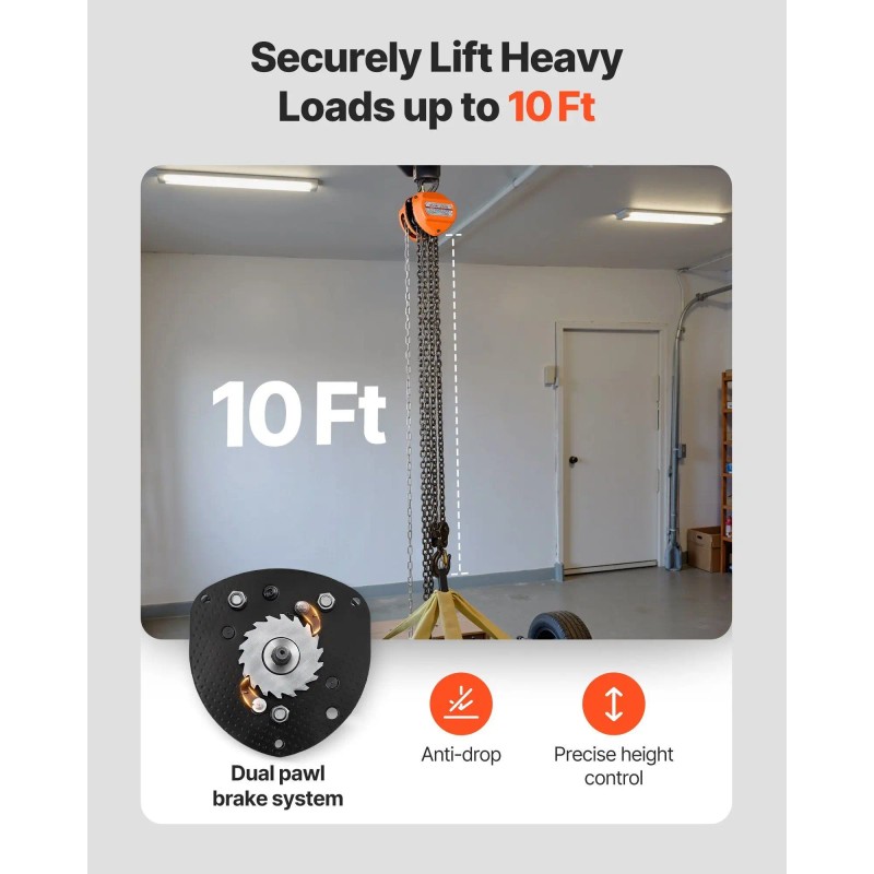 Hand Chain Hoist 2 Ton 10 Ft Lift Manual Orange