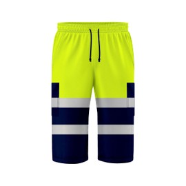 trending babz 3/4 Lenght Hi Viz High Visibility Safety Work Wear Multi Pockets 2 Tone Contrast Drawstring Reflective Tape Fleece Shorts Yellow Navy