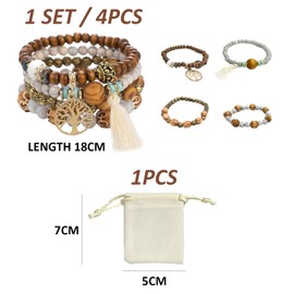 MEMOFYND 1 x Multilayer Wooden Bead Bracelet and 1 x Flannel Bag, Bracelet for Women and Girls, Friendship Bracelet, Pearl Bracelet, Bohemian Women's Jewellery, Stretch Bracelet, Wooden beads