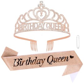 CURASA Rose Gold Birthday Queen Sash and Crown for Girls Adult Woman Crystal Birthday Tiaras and Sashes for Girls Princess Crowns Decoration for Party Gifts