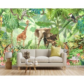 YIHWM -Green Rainforest Plants Animals Tiger Cloth Wallpaper Jungle Plants Banana Leaves Boys Girls Kindergarten Children's Room Large Mural- 137"x96"（ not Peel and Stick）