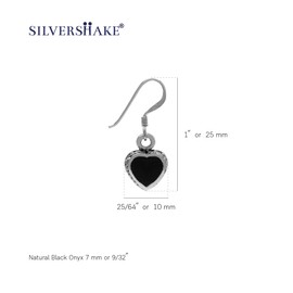 Silvershake Heart Shape Created Black Onyx Inlay 925 Sterling Silver Dangle Hook Earrings