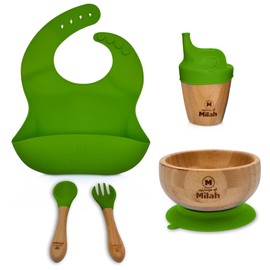 Milah Bamboo Baby I Toddlers Feeding Set l Suction Bowl, Spoon, Fork, Sippy Cup & Matching Bib I Eco Friendly Non Slip Set for Children's First Feeding I Natural Bamboo BPA Free Kids Set (Green)