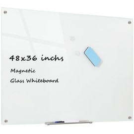 Glass Whiteboard Magnetic Dry Erase Board 48 x 36 Inches, Wall Mounted Glass White Board for Office School Home.