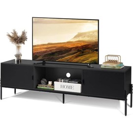WLIVE Modern TV Stand for 65 Inch TV, Mid Century Entainment Center with Storage, TV Console with Open Shelf and 2 Cabinets for Bedroom - Color: black