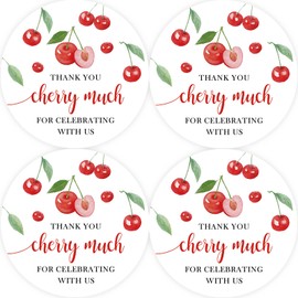 40pcs Cherry Thank You Favor Stickers, Thank You Berry Much Round Stickers, Sweet Cherries Gift Labels for Bridal Shower/Birthday Party Decoration