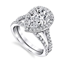 3CT Teardrop Pear Shape Solitaire AAA CZ Engagement Ring Bridal Set in 2 piece Sterling Silver 925