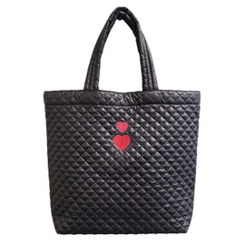 CLARANY Love Love heart Embroidery Comfortable light weight quilted market Tote water repellent Black
