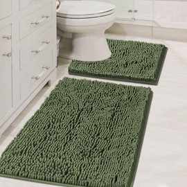 Bathroom Rugs Luxury Chenille Mat Set, Soft Plush Shower Rug + Toilet Mat, Microfiber Shaggy Carpet, Super Absorbent, Machine Washable (Curved Set, 32" x 20"/20" x 20", Loden)