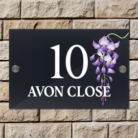 Badgemaster Floral Modern Anthracite House Number Sign Plaque Stainless Steel Standoffs 20cm x 13cm Blue Purple Flower Right