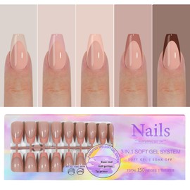 150pcs Maigitur French Gel Nails - Skin Tones French Tip Press on Nails, Medium Coffin Nail Tips Colorful, Soft Gel Nails Coffin False Nails in 15Sizes-Soak Off Acrylic Fake Nails Extensions…