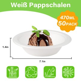 greensight Disposable Paper Bowls 470 ml Made of Sugar Cane Disposable Tableware Soup Plates Disposable Soup Bowl Organic Soup Bowl Round White Compostable Pack of 50