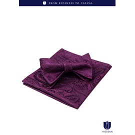 Hisdern Men's Bow Tie, Hand-tied Bow Tie, Square Set, Washable Bow Tie, For Weddings, Receptions, After-parties, School Entrance Ceremonies, Parties - Business #05 Paisley X Purple