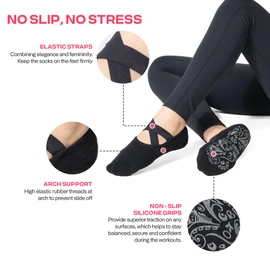 COOLMATE Barre Elastic Strap Yoga Socks for Women Non Slip with Floral Mandala Grip, Ballet, Pilates Socks (US, Alpha, One Size, Regular, Regular, 2 Pairs Black Beige)