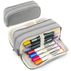 Large Capacity Pencil Case Pencil Pouch Pen Bag with 3 Compartment Stationery Organizer with Zipper, School Supplies Organizer for Teen Adults (Grey)