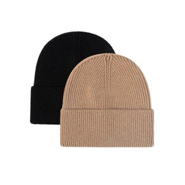 Mommy Jennie 2 Pack Men's Unisex Winter Beanie Hat Rib Knit Cuffed Women Cap,Black/Khaki