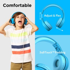 LilGadgets Connect+ Pro Kids Noise Cancelling Headphones - Designed With Kids' Comfort In Mind, Foldable Over-Ear Headset With In-Line Microphone, Headphones Wired, Kids Headphones For School, Blue