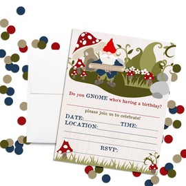 Garden Gnome Themed Birthday Party Invitations, 20 5"x7" Fill In Cards with Twenty White Envelopes by AmandaCreation