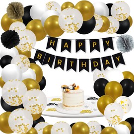 Foshird Birthday Decoration Man Woman Party Decoration Birthday Set with Balloons Black Gold Paper Pompoms Happy Birthday Banner Confetti Table Decoration Birthday Decorations for Girls Boys