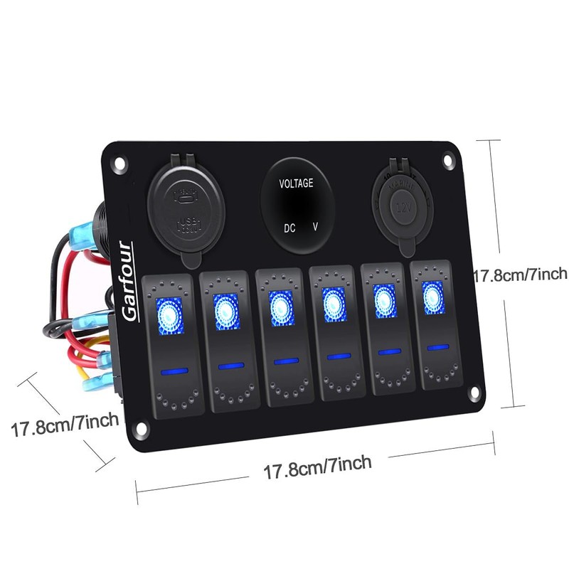 Garfour Waterproof 6 Gang Aluminum Boat Switch Panel Marine Rocker