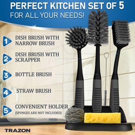 Dish Brush Set of 5 with Holder - Kitchen Scrub Brushes with Non-Slip Long Handle for Cleaning, Scrubber, Dishwashing, Dishes, Bottles, Straws, Cups, Pots & Sink, Black