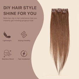 Bella Hair Clip-in Human Hair Extensions Real Human Hair - 30g 6pcs 20 inch Lightweight Straight Remy Human Hair Hairpieces for Highlights & Mix Shades - #8 Brown