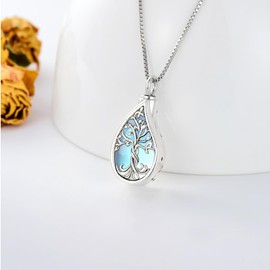 TOUPOP Teardrop Tree of Life Urn Necklace for Ashes 925 Sterling Silver Moonstone Tree of Life Cremation Jewelry with Funnel Filler Memorial Jewelry Gifts for Women Men