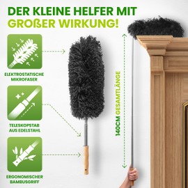 BAMBUA Telescopic Duster - Effective Dust Catcher with Special Microfibre - Bamboo Handle - Made from Moso Bamboo - Premium Dust Mop for Sustainable Cleaning (140 cm)
