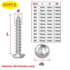 Qrity 50 Pieces M4 x 30 mm Self-Tapping Screw, Torx Flat Head Screws, Stainless Steel Round Head Self-Drilling Screws
