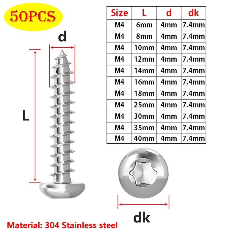 Qrity 50 Pieces M4 x 30 mm Self-Tapping Screw, Torx