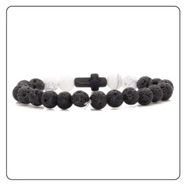 Fusamk Fashion Yoga Natural Stone Bracelet Religious Cross Beads Link Bracelet.7.5" Wrist (Black Cross/Lava/Two White Turquoise)