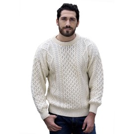 Aran Crafts Irish Soft Cable Knitted Wool Crew Neck Unisex Sweater (C1347-XL-ECR) Ecru