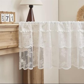 Net Curtains Modern, Bistro Curtain, White Lace, Half Curtains, Window, Christmas Curtains, Bistro, Transparent, Panel Curtains, Country House Style, Short, for Kitchen, with Fur Ball (W x H 175 x 45