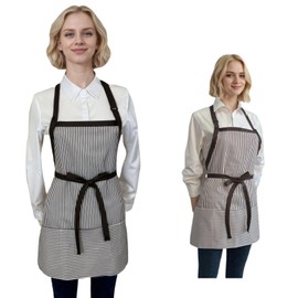 Syzornk Soft Cotton Aprons with 3 Pockets, Adjustable Women Bib Apron for Cooking Grilling Kitchen, Chef Waitress Server Short Apron for Men, Black/Brown Stripes, 2 Pack