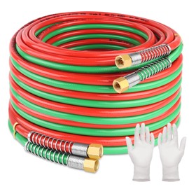 Boltigen 50 Feet Oxygen Acetylene Hose, 1/4inch Grade R Oxy Acetylene Torch Hose with Brass 9/16''-18 LH/RH B Fittings, Stainless Steel Spring Ends Twin Welding Cutting Torch Hose Reel