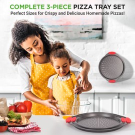 NutriChef 3-Piece Pizza Tray Set with Silicone Handles - Round Nonstick Pizza Pan with Perforated Holes, Durable Carbon Steel, Small, Medium, Large Sizes - Ideal for Crispy, Evenly Baked Pizzas (Gray)