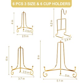 6 Pcs 3 Size Gold Display Stands for Display, 4 6 8 Inch Plate Holder & 6 Cup and Saucer Display Stand for Displaying Picture Frames, Book, Card, Mug Organizer, Bowl, Decorative Plates, Tablet and Art