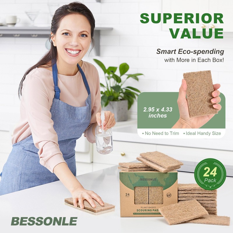 BESSONLE 24 Pack Natural Scrub Kitchen Sponges - Coconut Husk