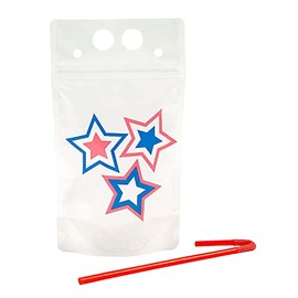 Fun Express Patriotic Party Collapsible Plastic Drink Pouches with Straws, 50 Pieces