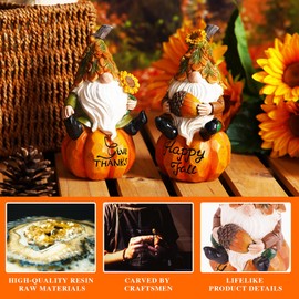 Topadorn 2pcs Pumpkin Fall Statue Gnome Resin Tabletop Autumn Decorations, 6.3" H Pumpkin Gnomes Figurine for Fall Thanksgiving Harvest Home Decor, Happy Fall & Give Thanks Gifts