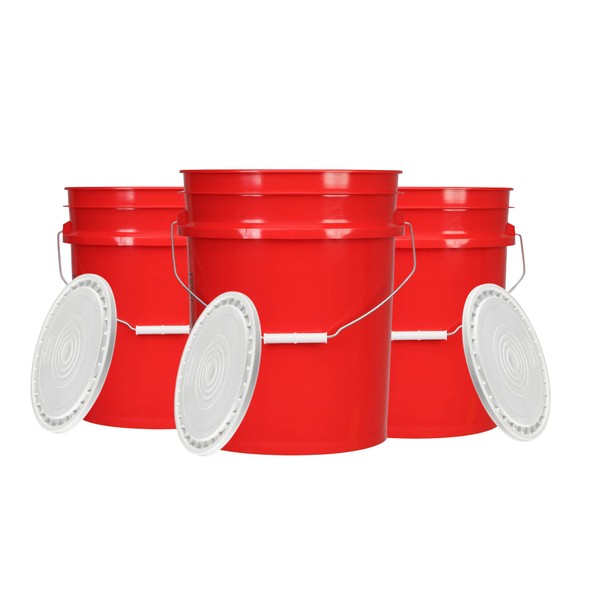 House Naturals 5 Gallon Red Food Grade Plastic Bucket Pail with Easy on Lid (Pack of 3) Made in USA