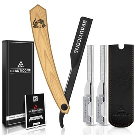 BEAUTICONE Straight Razors for Men, Professional Barber Razors, Premium Straight Edge Razor, Shaving Knife, Shavette, Stainless Steel, Wooden Handle, With PU Leather Case