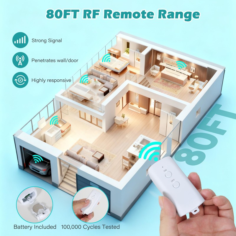 80 Ft Remote Control Outlet Plug On/Off Switch Kit, No