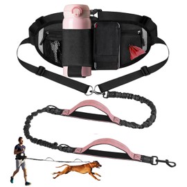 Hands Free Dog Leash, Waist Leash for Dog Walking, Running, Jogging, Waist Leashes with Adjustable Belt, Medium & Large Dogs Running Leashes Hands Free, Dual Padded Handles and Durable Bungee(Pink)