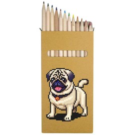 12 x 'Happy Pixel Art Pug' Long 178mm Coloured Pencils/Pencil Set (PE00059255)