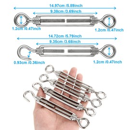 Acrux7 10 Pack 304 Stainless Steel M6 Turnbuckles for 1/8 Inch Cable Wire, Adjustable M6 Turnbuckle Wire Tensioner Kit, Heavy Duty Steel Turn Buckle Cable Tensioner (Eye and Eye, Hook and Eye)