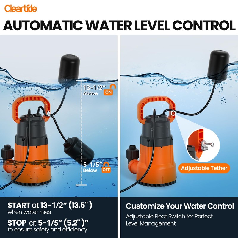 Cleartide Submersible Sump Pump with Tethered Float Switch, 1/2 HP